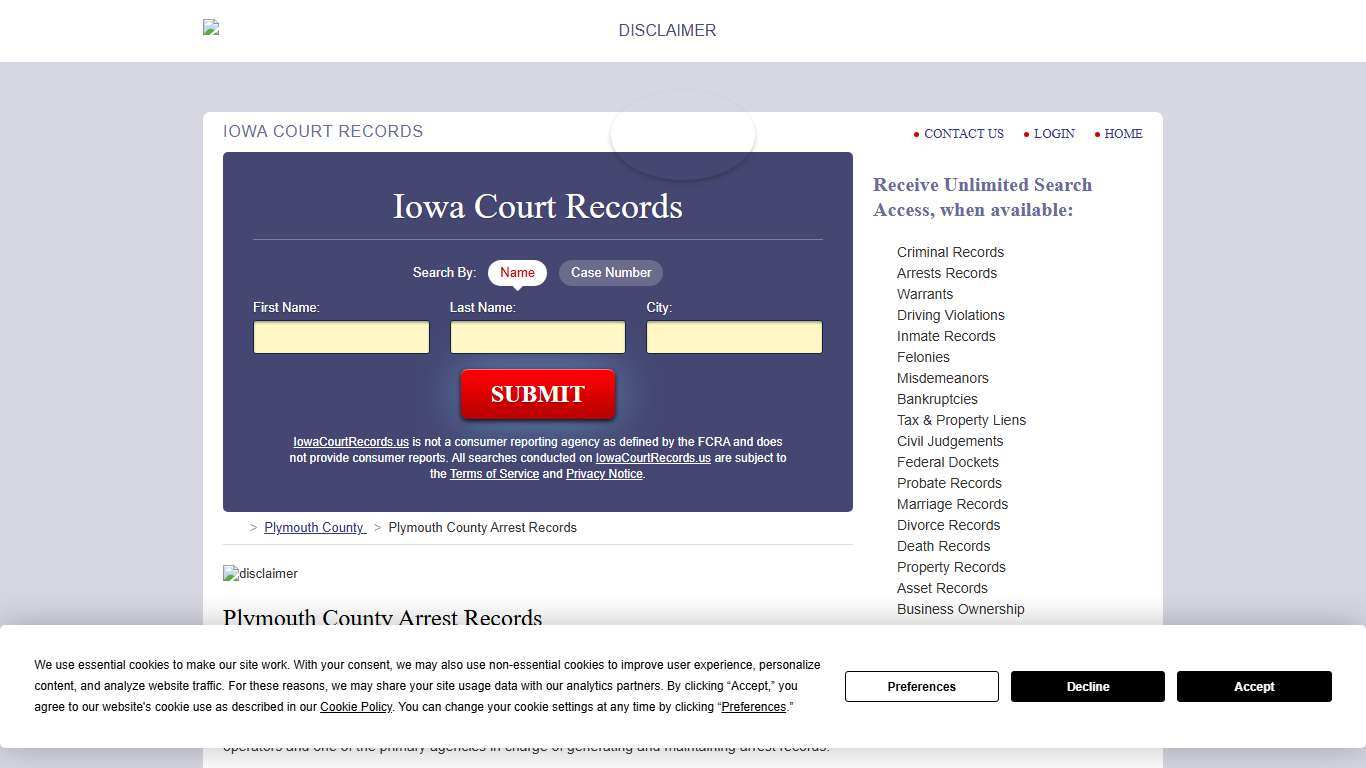 Plymouth County Arrest Records IowaCourtRecords.us